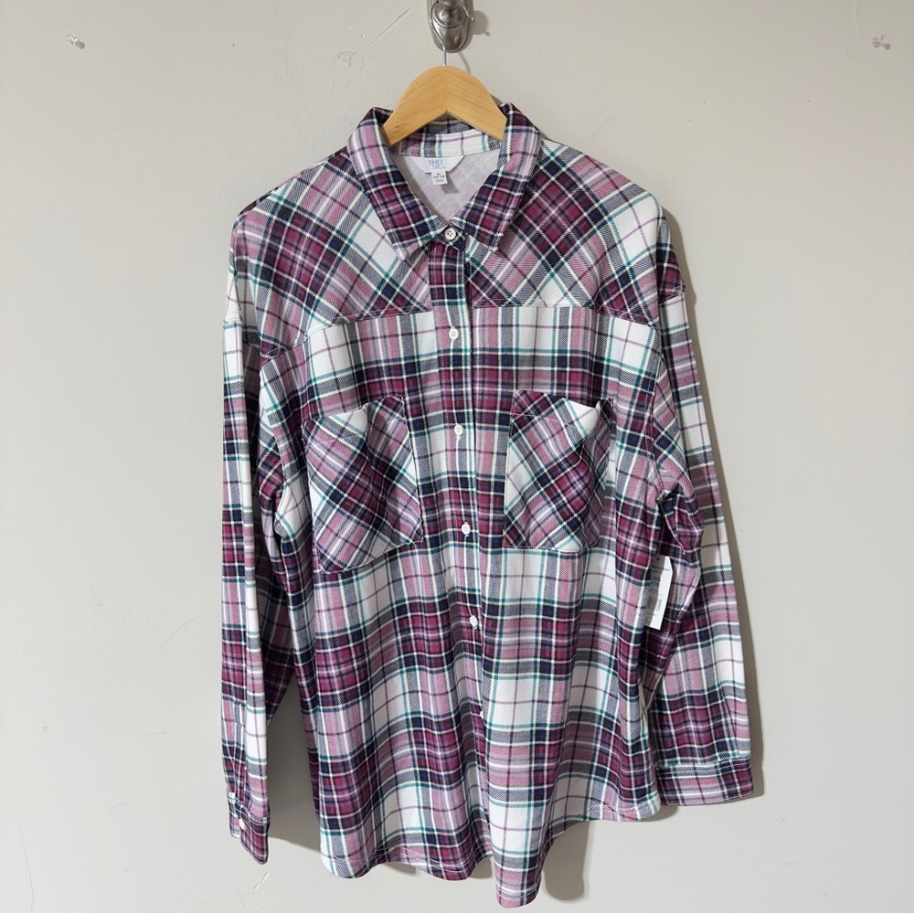 Time and Tru Women's XL (16-18) Purple and White Plaid Button Down Flannel Shirt